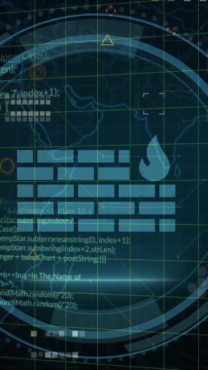 Animation of icons with world map and data processing on black background