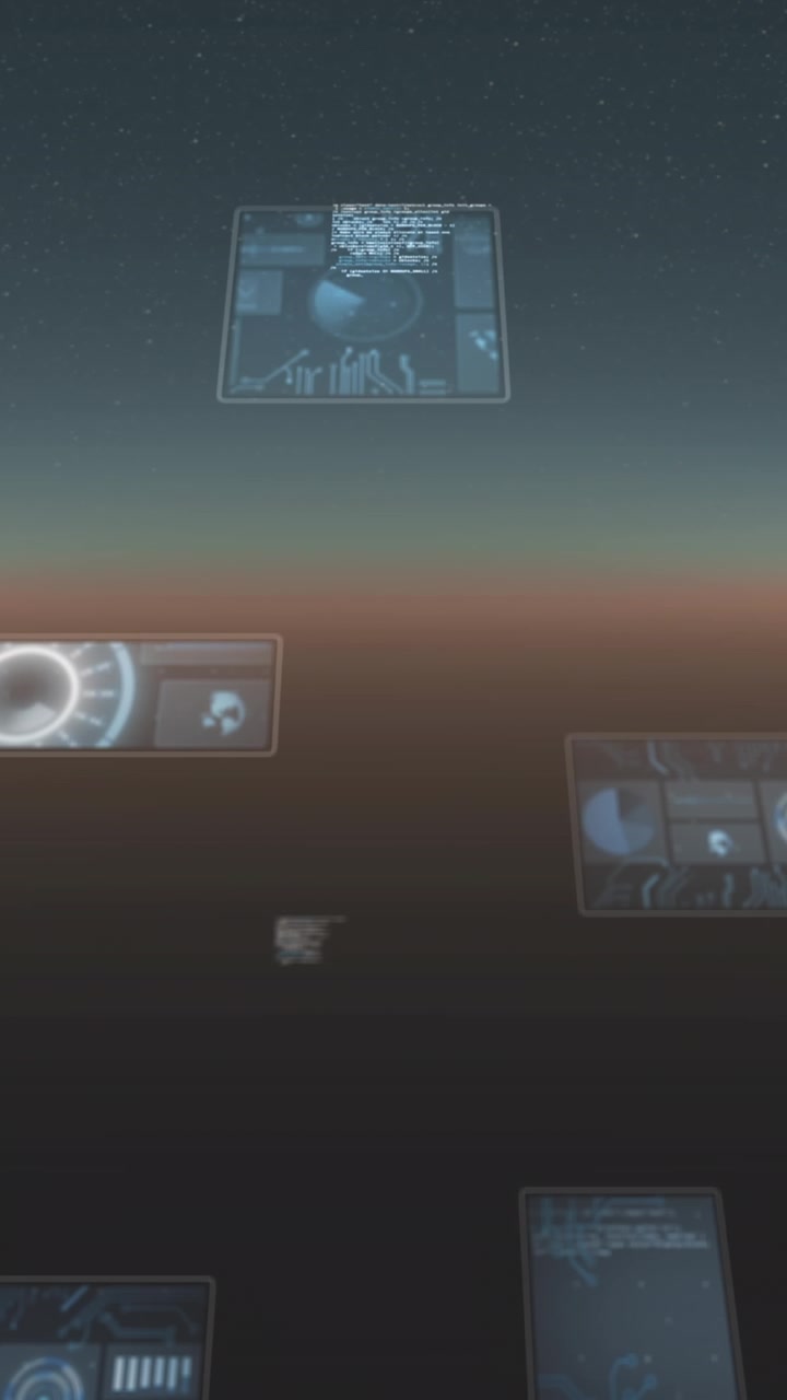 Animation of falling screens with data processing over dark background