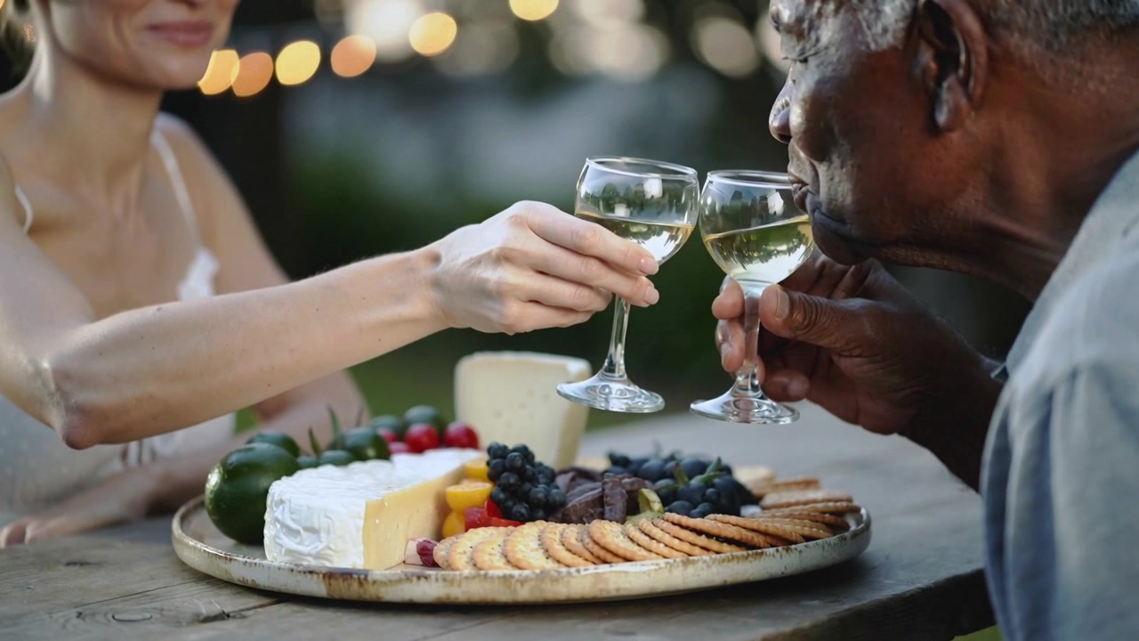 Løfter glas, kvinde i ærmeløs kjole, mand i mørk top skåler for måltid i skumringen med et fad.