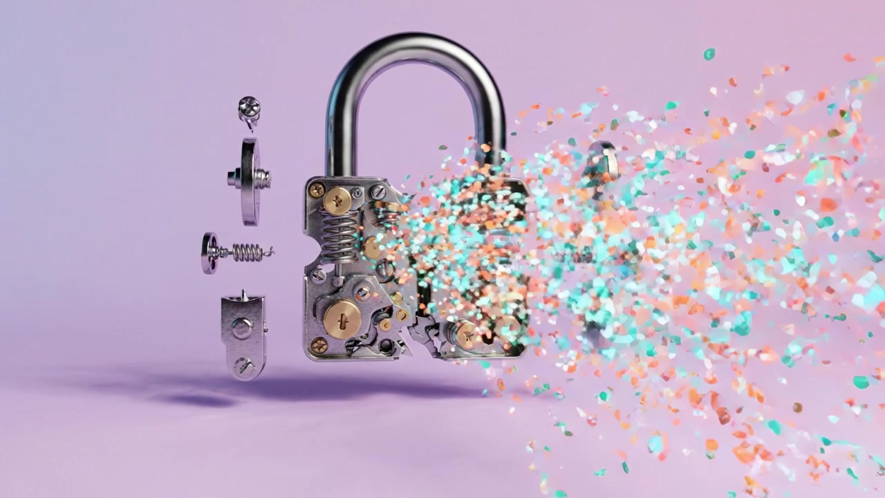 Una vista esplosa di un lucchetto: che mostra gli intricati meccanismi interni e i componenti che costituiscono un lucchetto di sicurezza su uno sfondo sfumato delicato.