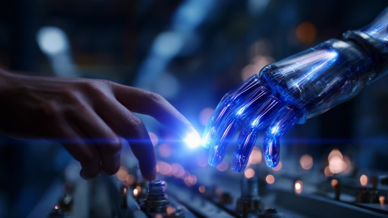 A Convergence of Humanity and Technology: The Intriguing Moment Where a Human Hand Meets a Futuristic Robotic Arm, Signifying the Dawn of a New Era in Human-Robot Interaction and Cooperation