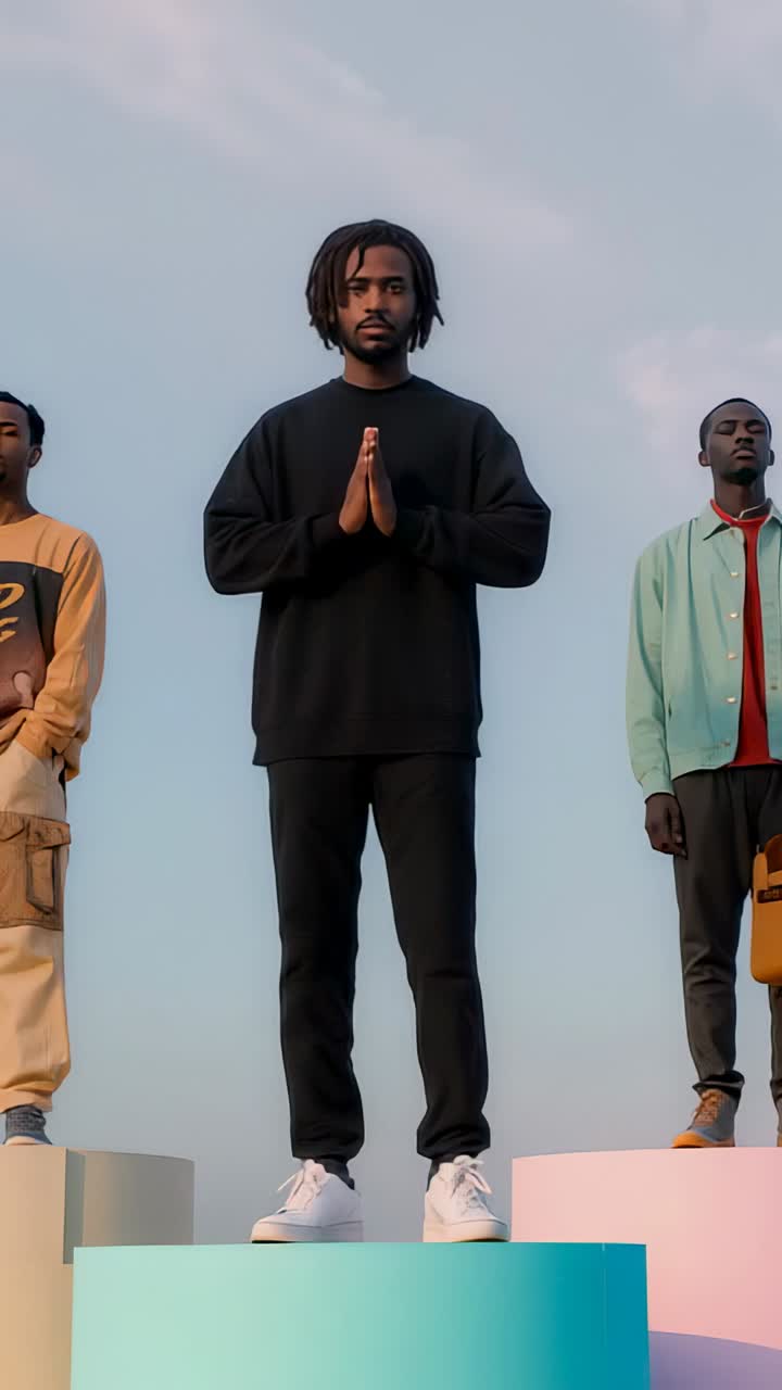 Vertical video: At start model in black raising hands into prayer pose on rooftop with pedestals