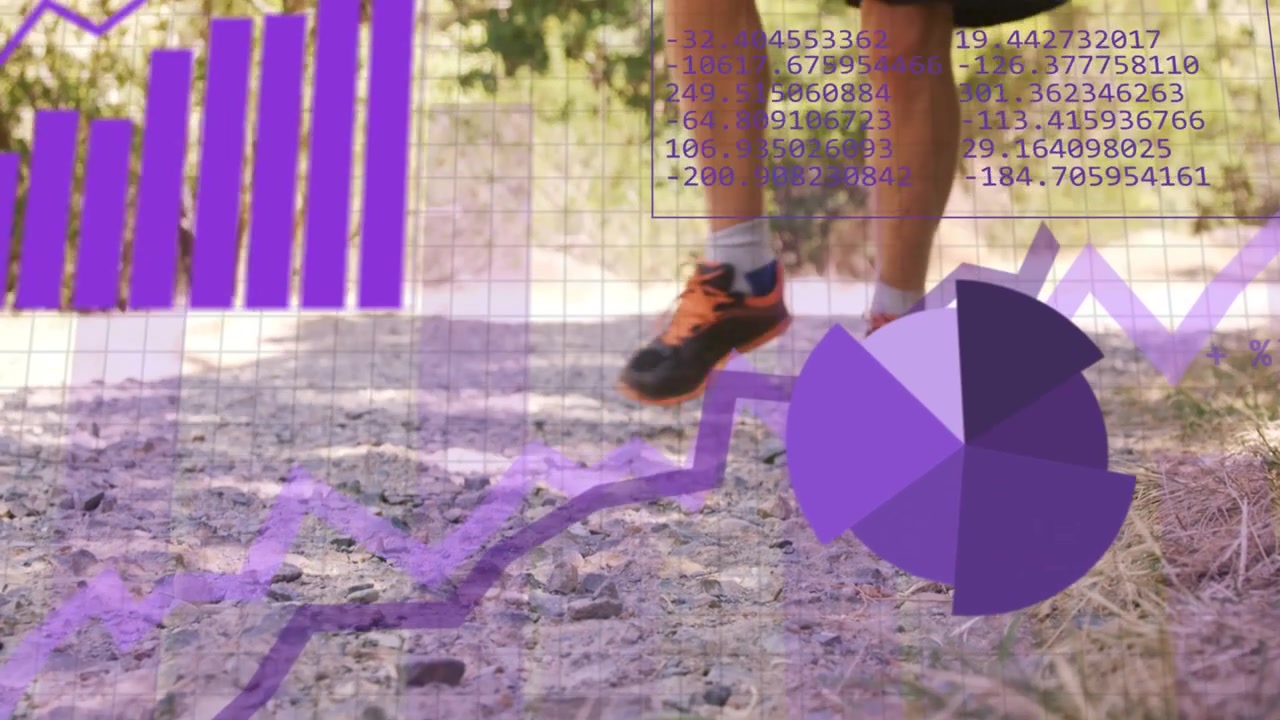 Male runner approaching camera, jogging sunlit trail, purple charts overlaying feet for fitness