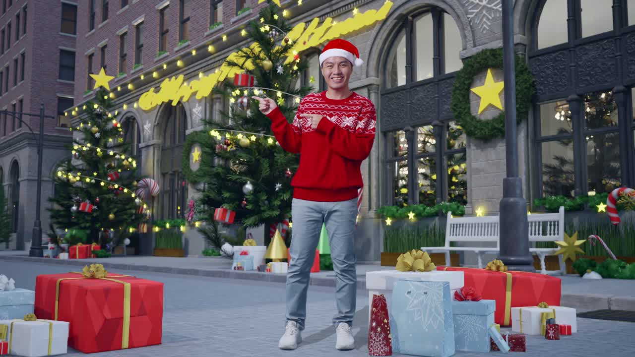 hombre con sombrero de papá noel apuntando a las decoraciones de navidad