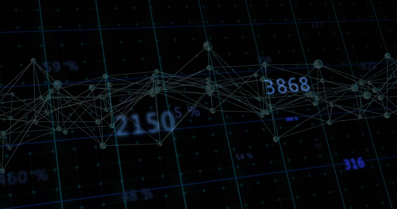 Data pulse animating wireframe network, nodes moving, labels shifting, camera sliding, showing drop