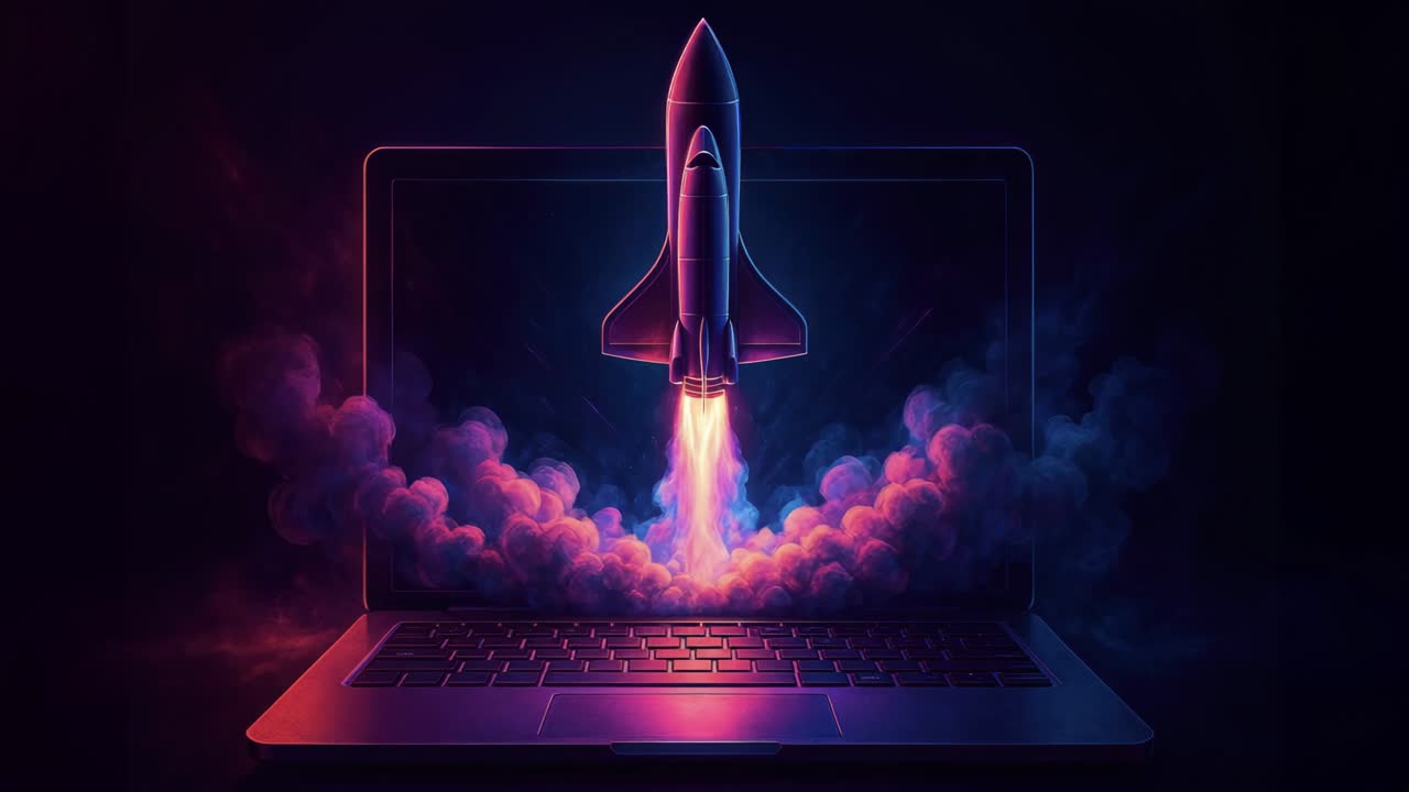 A dynamic video concept showing a rocket launching from a laptop screen