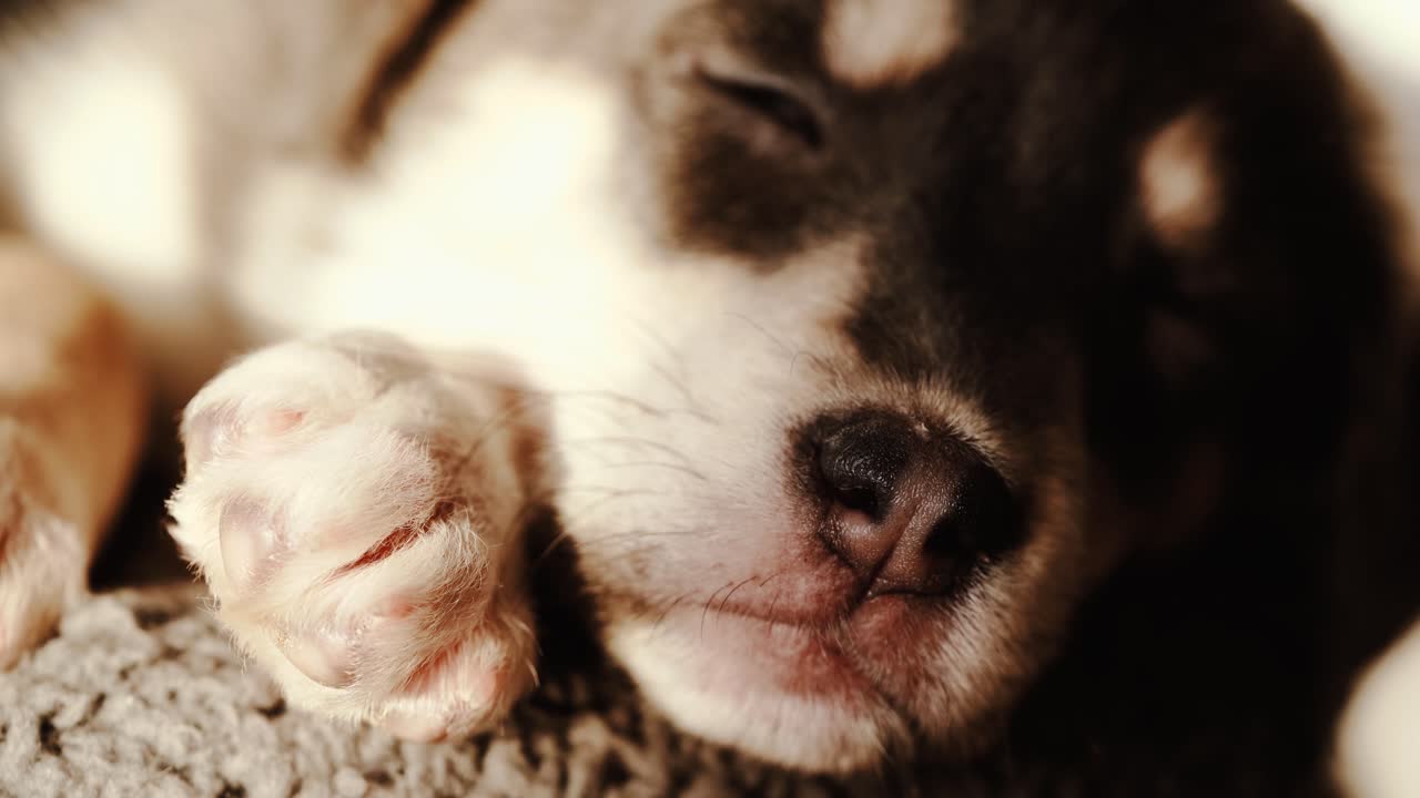 Various closeup shots of sleepy puppy in evening light