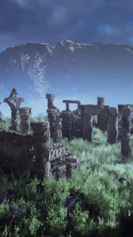 ruins in the foggy mountains