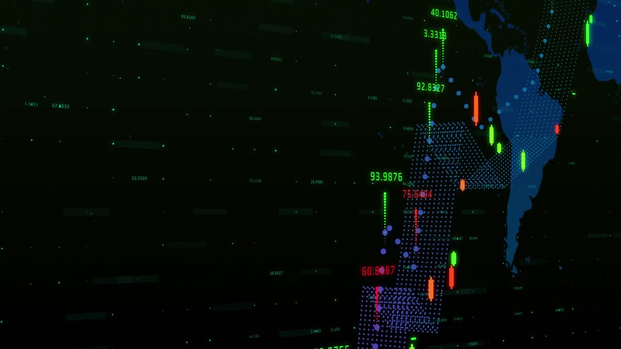 gráfico multicolor y números que se mueven contra el mapa del mundo en el fondo