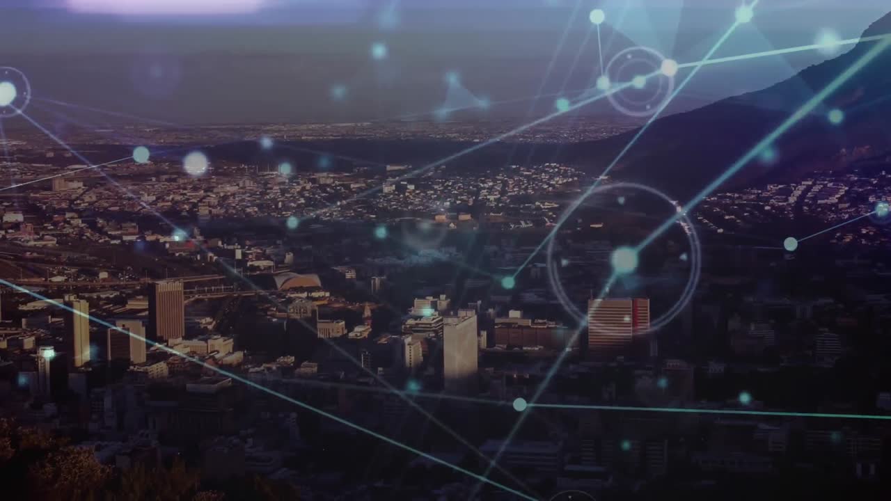 animación de la red de conexiones sobre el paisaje urbano