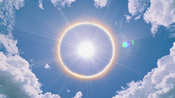 Sun Halo Phenomenon in a Bright Blue Sky with Clouds