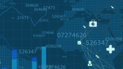 Animation-of-network-of-connections-with-icons-and-world-map-over-blue-background