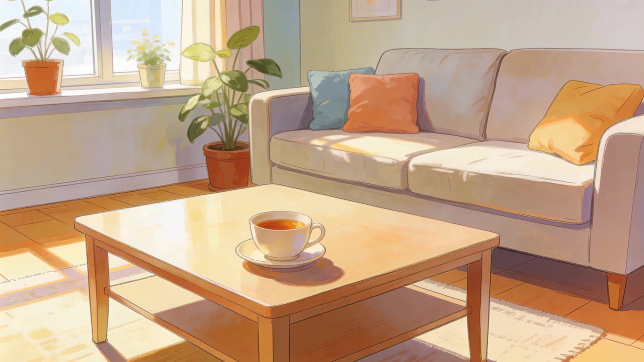 Entering morning sunlight shifting across coffee table with teacup at home, moving plant leaves