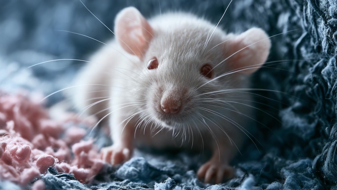 Un curioso topo bianco esamina l'ambiente circostante su un morbido tessuto blu, mostrando caratteristiche adorabili con baffi delicati e accenti rosa, creando una scena incantevole.