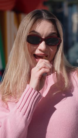 vertical - cheerful blonde girl pretend singing and dancing looking at camera holding lipstick instead of microphone at gangnam square of seoul city