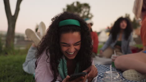 happy woman, phone and laughing with drink