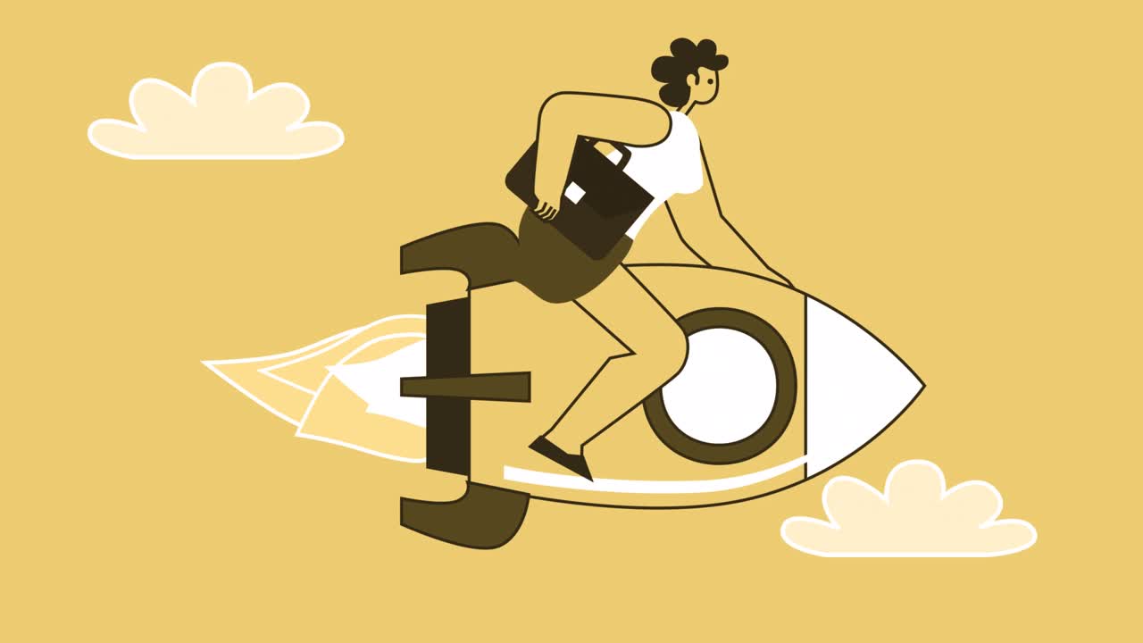 Yellow Style Man with Briefcase Flat Character Flies Forward Sitting on Rocket. Isolated Loop Animation with Alpha matters