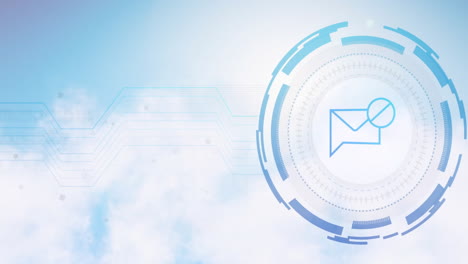 email icon and digital circuit animation over cloudy sky background