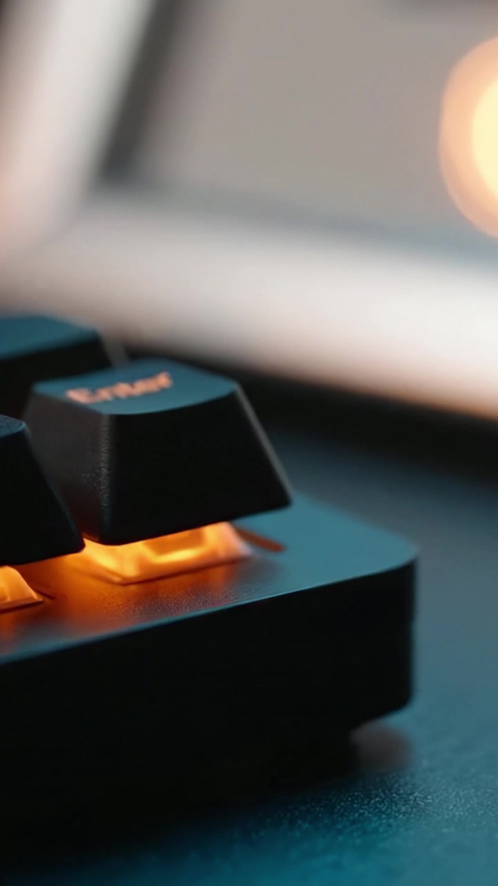 Close-Up of Illuminated Mechanical Keyboard Keys Highlighting Modern Gaming Technology and Ambiance in a Dimly Lit Room for Enhanced User Experience