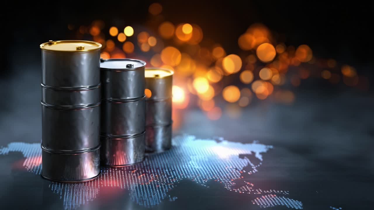 Ölfässer stehen auf einer leuchtenden Weltkarte. Der Hintergrund zeigt warme Bokeh-Lichter. Die Atmosphäre suggeriert globale Energie- oder Handelsthemen. Geeignet für Finanz-, Industrie- oder geopolitische Inhalte.