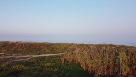 Aerial-forward-shot-of-above-dunes-revealing-sandy-beach-and-ocean-waves