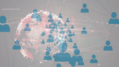digitale animatie van een netwerk van profielpictogrammen tegen een draaiende wereldbol op een grijze achtergrond