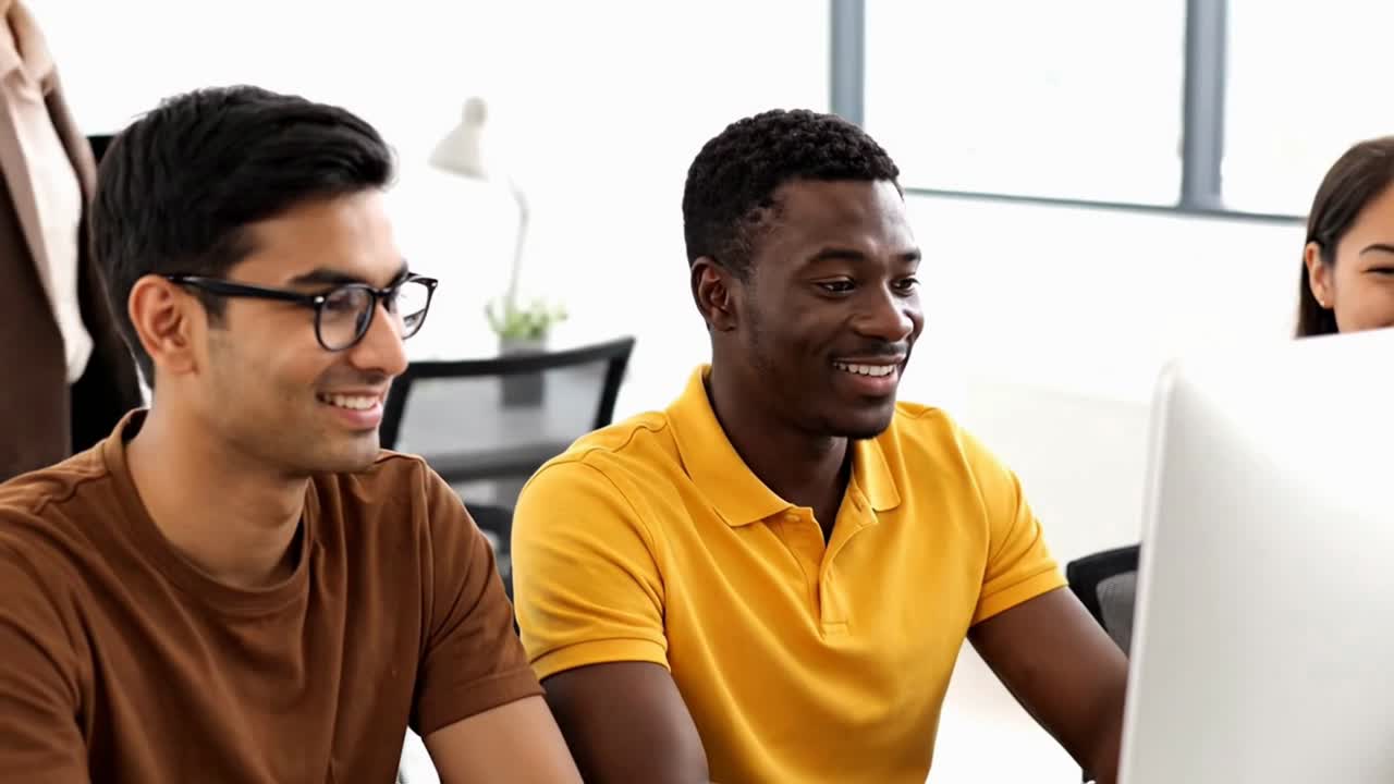Happy Diverse Colleagues Collaborating in a Modern Office