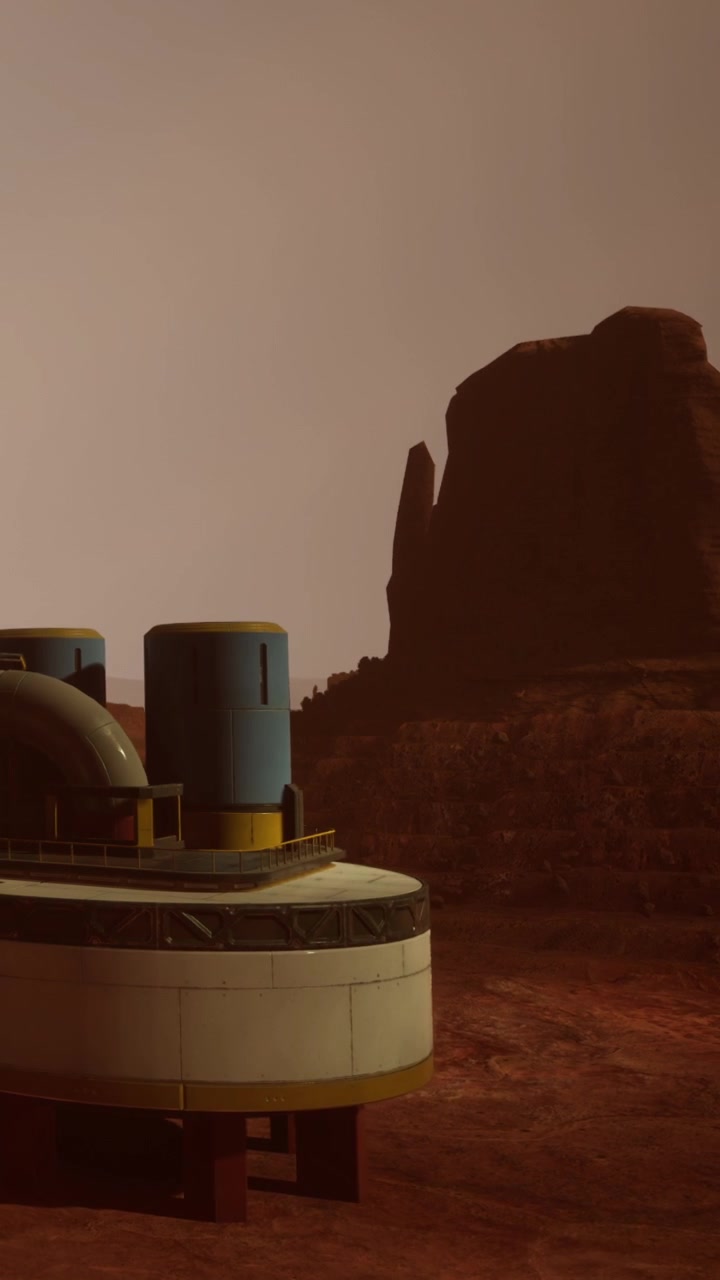 Exploration base on mars near large rock formation during sunset