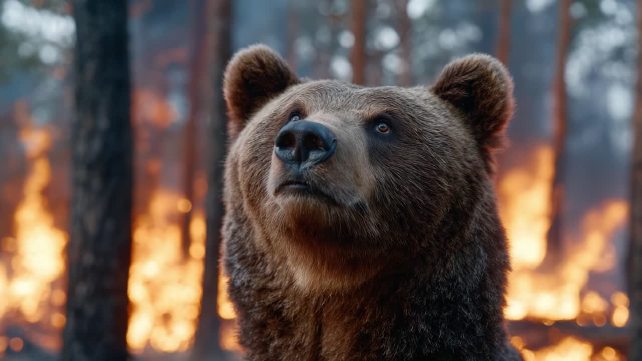 A Grizzly Bear Witnessing the Destruction of Its Habitat Amidst a Devastating Forest Fire: Nature's Struggle for Survival in Flammable Ecosystems