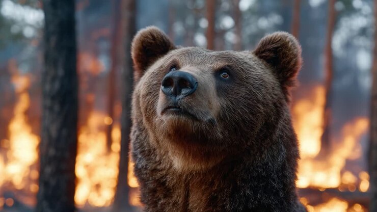 A Grizzly Bear Witnessing the Destruction of Its Habitat Amidst a Devastating Forest Fire: Nature's Struggle for Survival in Flammable Ecosystems