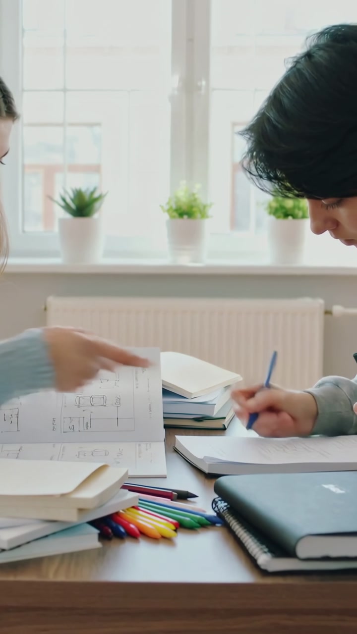 Vertical video: Flipping peer showing workbook at home guiding peer taking notes blue pen for exam