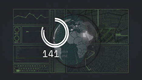 Animation-of-data-processing-and-globe-on-black-background