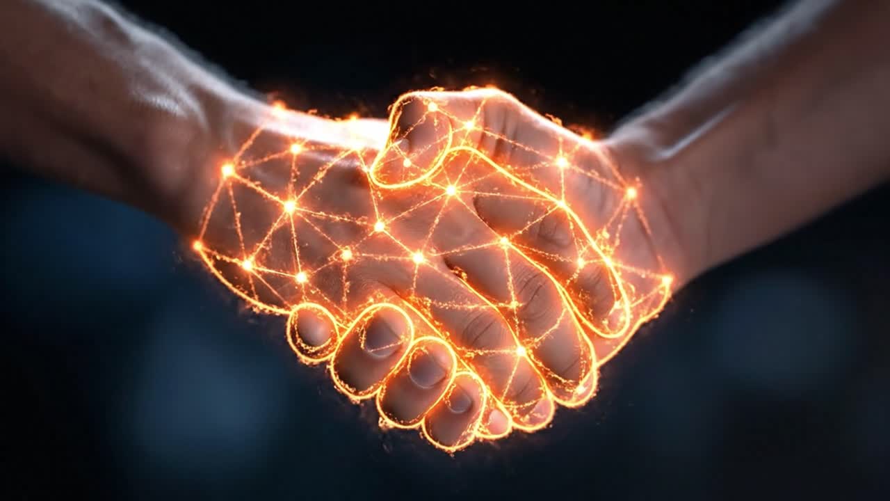 digital handshake with glowing connection lines
