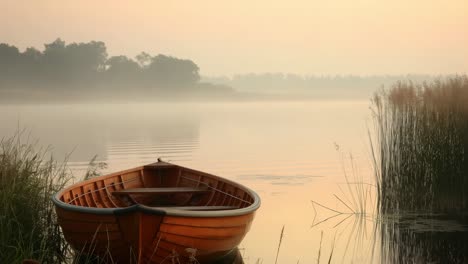 wooden boat floating on misty lake, golden sunrise filtering through morning haze, peaceful waterscape with soft reeds surrounding calm surface