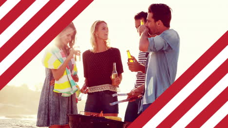 animation of flag of usa over caucasian friends at barbecue on beach in summer