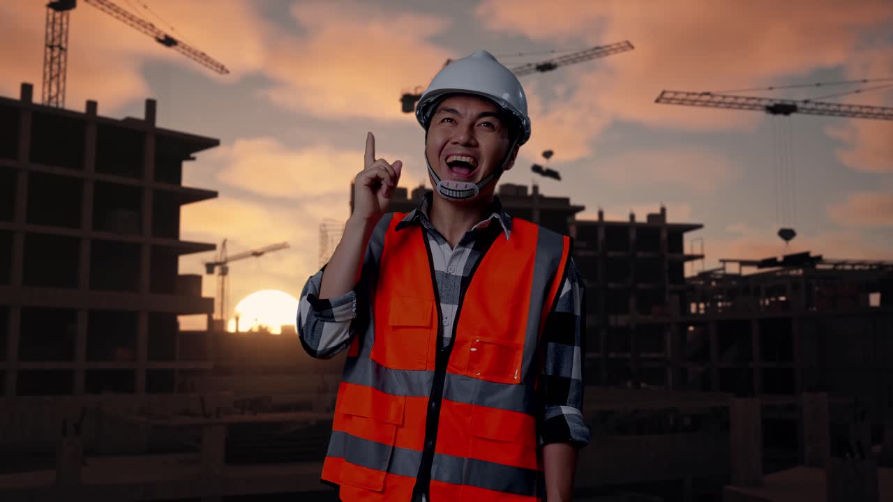 Asian Male Engineer With Safety Helmet Thinking And Looking Around Then Raising His Index Finger While Standing At Building & Construction Site in Progress to New House