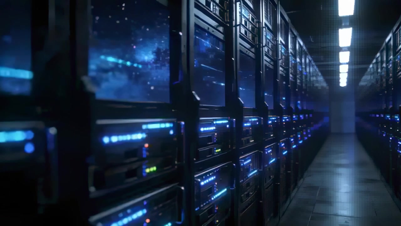 Telecamera in movimento panoramico che avanza lungo il corridoio di un datacenter, mostrando rack in vetro, pannelli nebulosa e LED.