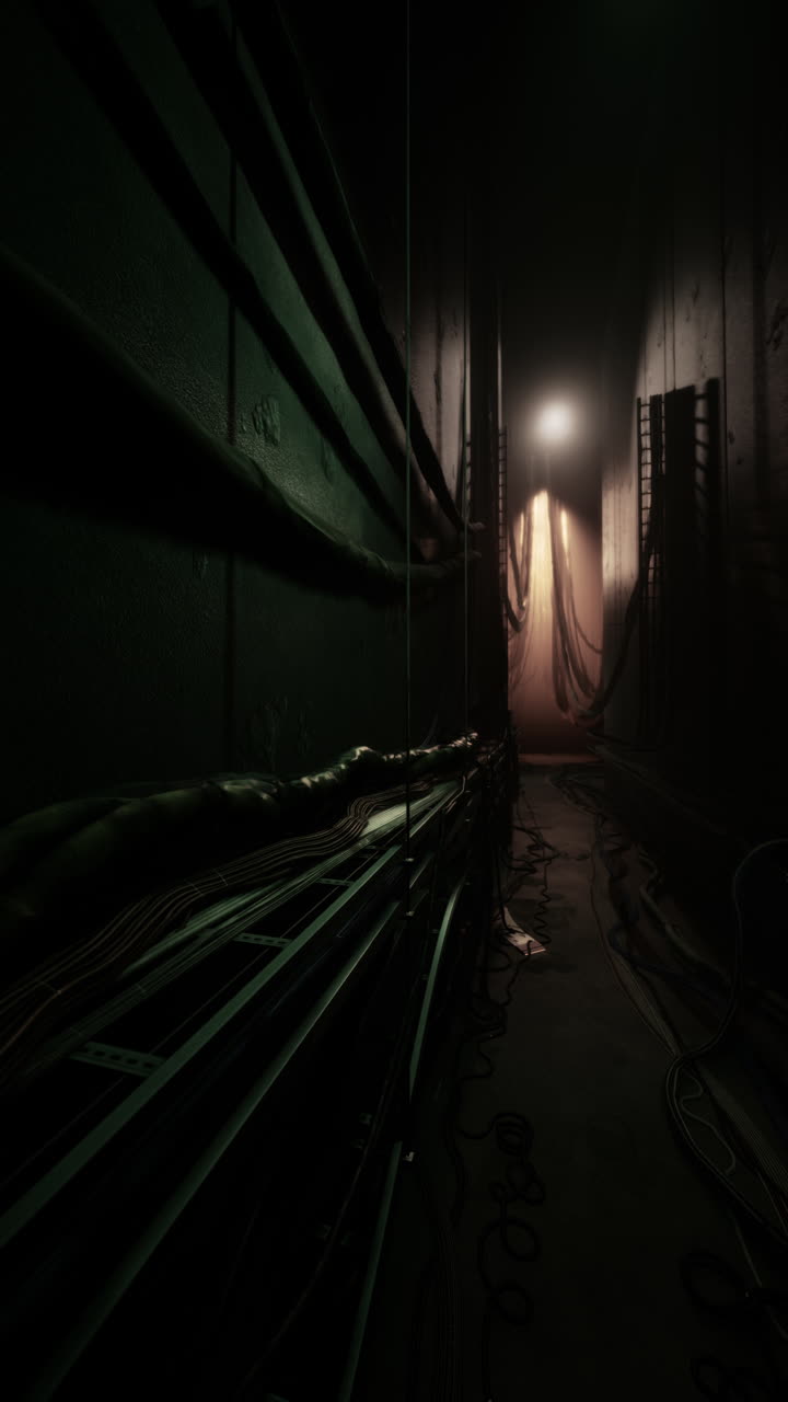 케이블과 전선이 있는 어고 무서운 복도