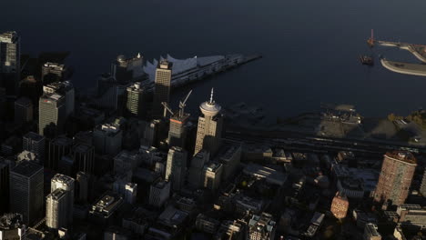 Remarkable-View-Of-Vancouver-Lookout,-Pan-Pacific-Vancouver,-And-FlyOver-Canada-In-Vancouver-Harbour,-BC---aerial