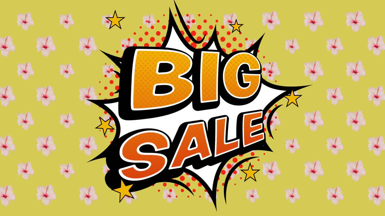 animación de texto de gran venta sobre burbuja de habla y flores que se mueven en movimiento hipnótico