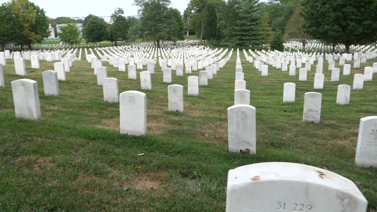 Panoramica al rallentatore di lapidi al Cimitero Nazionale di Arlington. Perfetto per il Giorno dei Veterani o il Memorial Day.