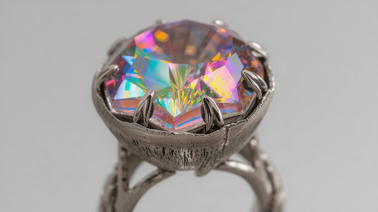 Rotating ornate ring on studio turntable, revealing iridescent gemstone flashes and textured bezel