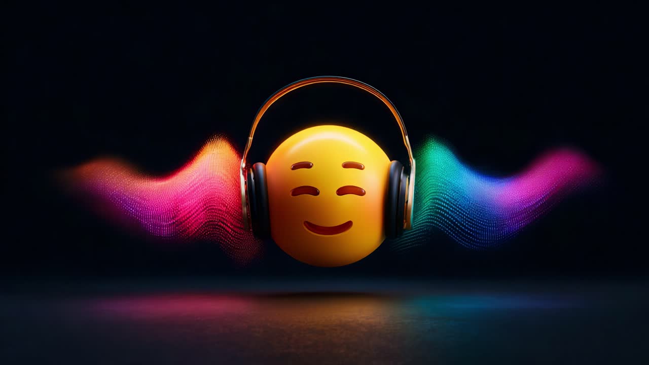A Vibrant Journey Through Music: A Cheerful Emoji with Headphones and Colorful Sound Waves Representing the Joy of Listening and the Emotional Connection Music Creates