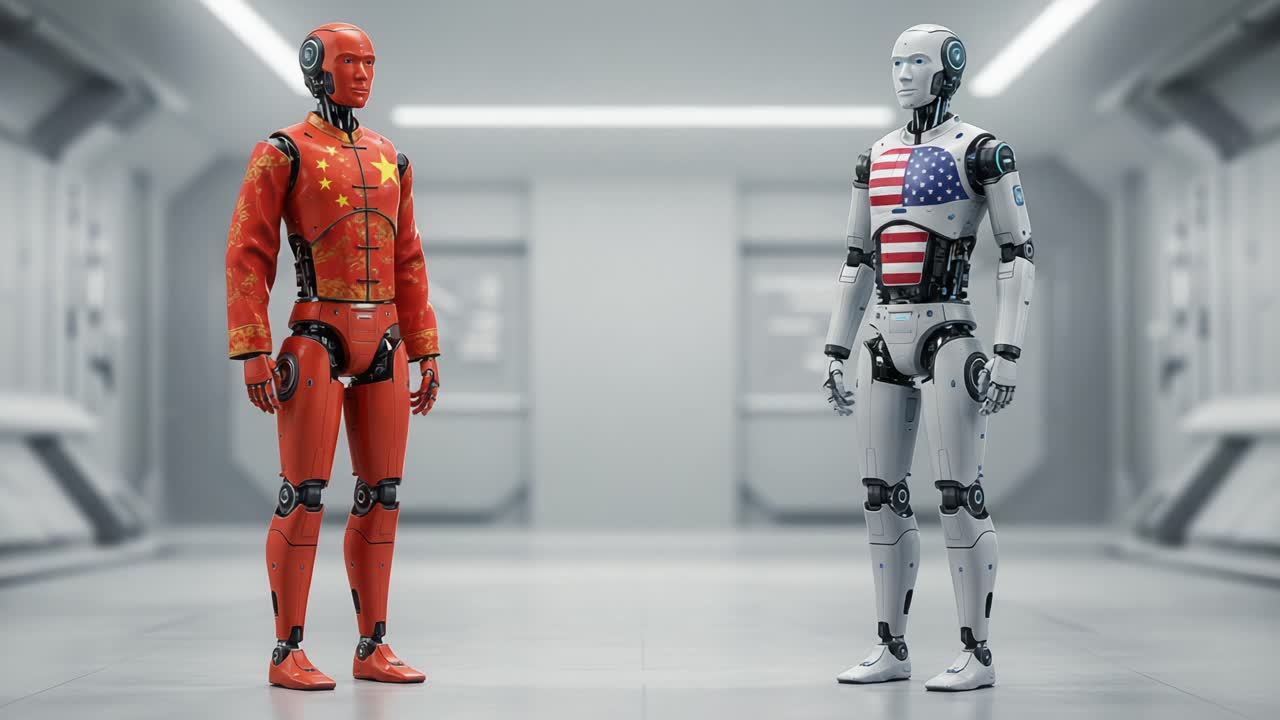 A Dramatic Encounter Between Two Robots: One Dressed in Red with Stars and the Other in White with Stripes, in a Futuristic, Sleek Environment Reflecting on Global Unity
