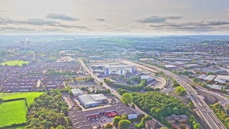 wide angle establishing drone shot leeds city and suburbs in england