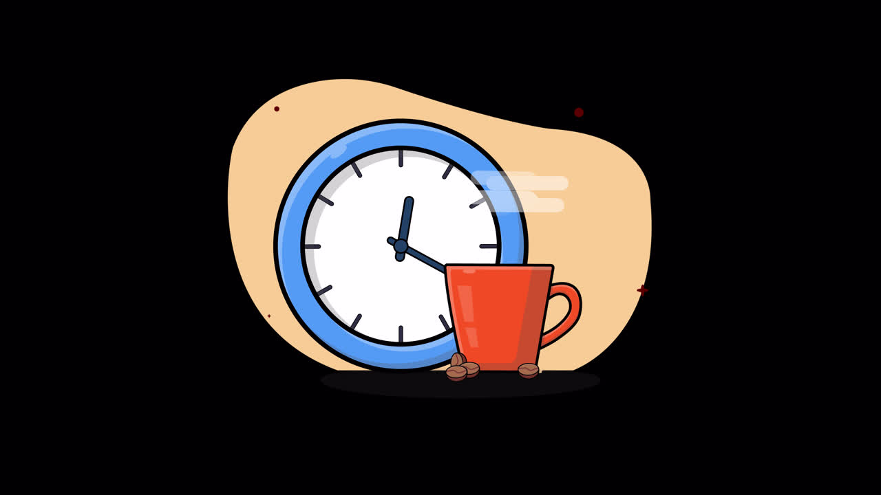 Orologio animato che mostra il tempo che passa con una tazza di caffè fumante.