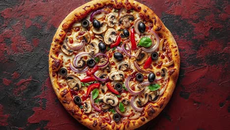 Leckere-Pizza-Mit-Champignons,-Zwiebeln-Und-Schwarzen-Oliven-Auf-Rustikalem-Hintergrund