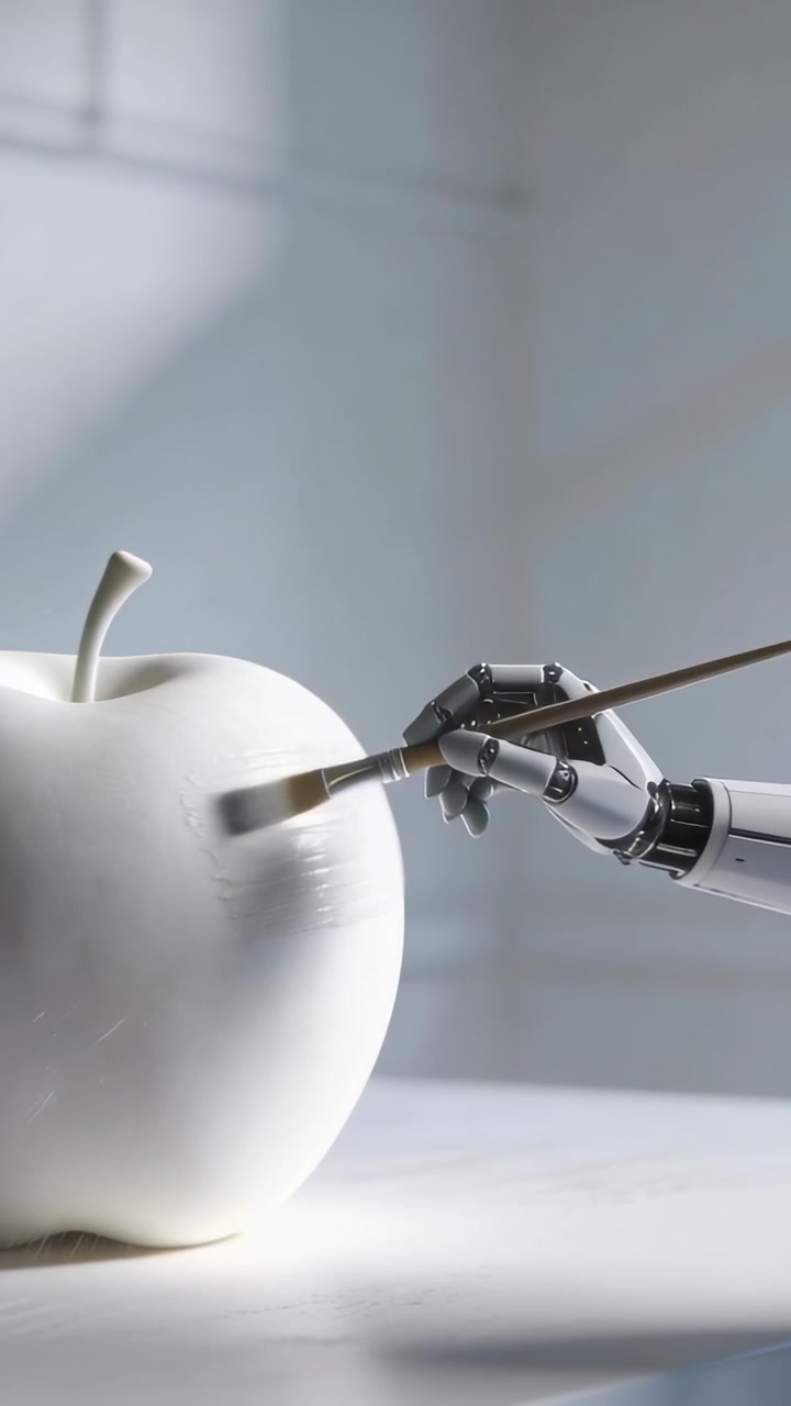 Vertical video: Brushing bot arm first touching apple right side with flat brush texturing on table
