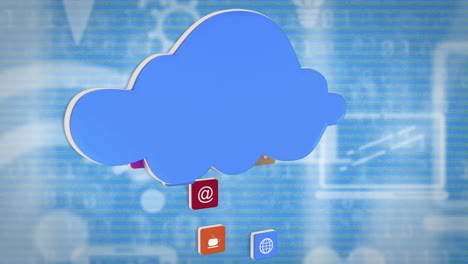 animación de iconos en línea y nube azul digital sobre fondo azul