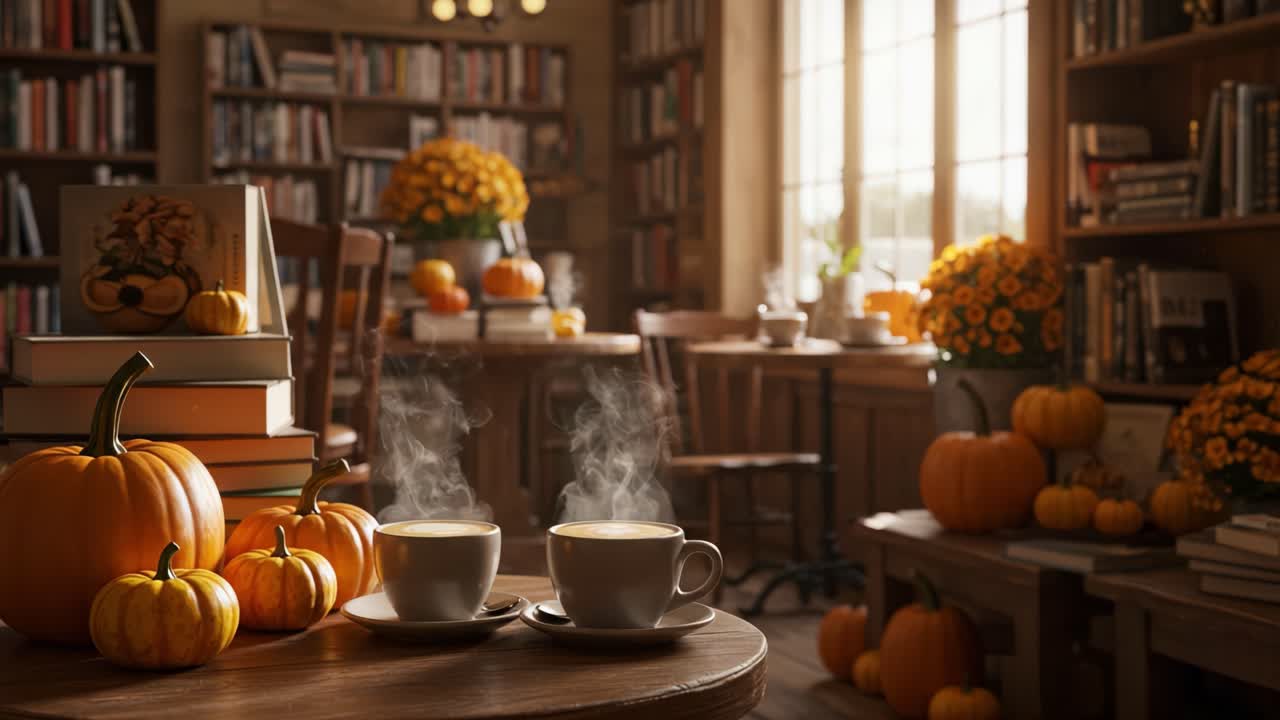 Cozy Autumn Coffee Scene with Steaming Cups and Vibrant Pumpkins in a Warm Library Setting, Perfect for Seasonal Relaxation and Inspiration